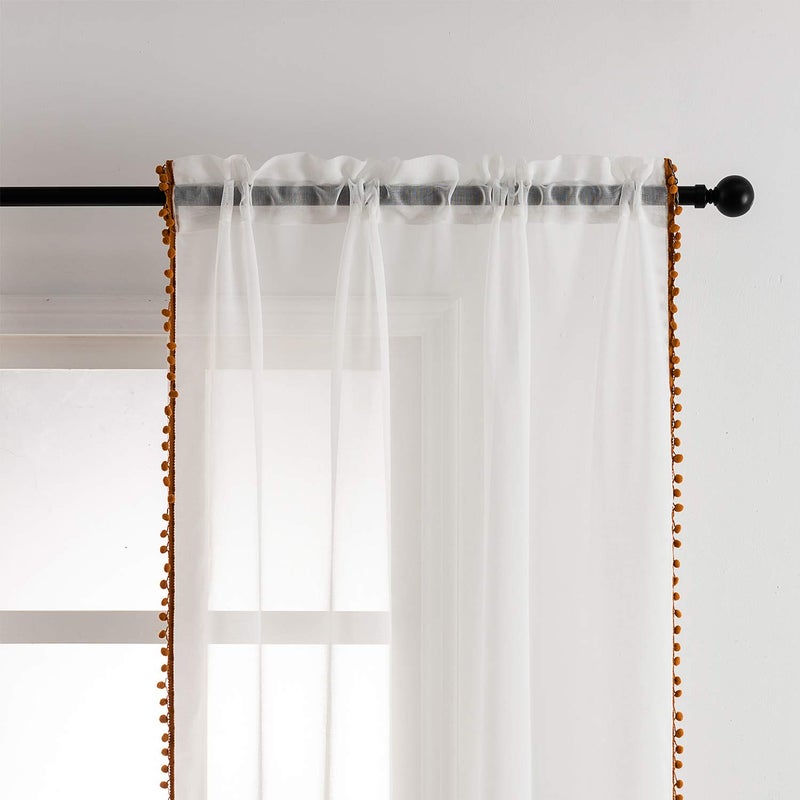MISS SELECTEX Linen Look Pom Pom Tasseled Sheer Curtains - Rod Pocket Voile Semi-Sheer Curtains for Living and Bedroom, Set of 2 Curtain Panels (52 x 95 inch, White Sheer & Pumpkin Yellow Pom Poms) - Image 3